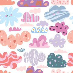 Seamless pattern, cute clouds with hearts, spots, face, line, dots on white background. Vector illustration. 