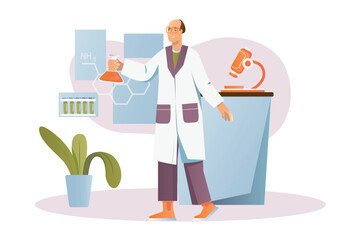 Science laboratory concept with people scene in the flat cartoon design. A chemist presents the results of an experiment in the laboratory. Vector illustration.