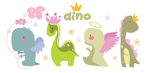 Set of dino with crown, nimbus, flowers, clouds on white background. Cute kids illustration.