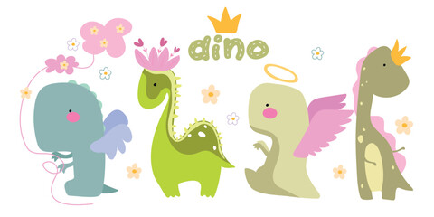 Obraz premium Set of dino with crown, nimbus, flowers, clouds on white background. Cute kids illustration.