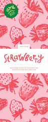 Template label design with hand drawn illustrations of ripe strawberries vector. Strawberry pattern seamless. Red berries for vegan banner, juice, jam label design. Strawberry smoothie background.