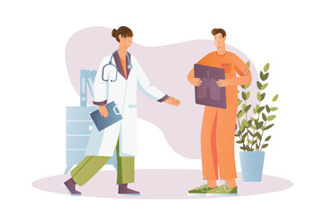 Medical clinic concept with people scene in the flat cartoon design. Colleagues doctors consult about the patient's diagnosis. Vector illustration.