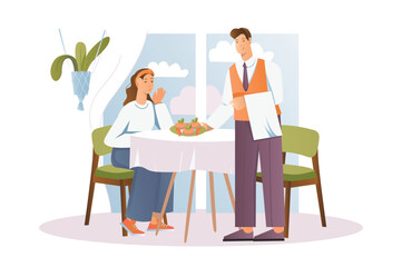 Restaurant concept with people scene in the flat cartoon design. A woman thanks the waiter for a delicious dinner in a restaurant. Vector illustration.