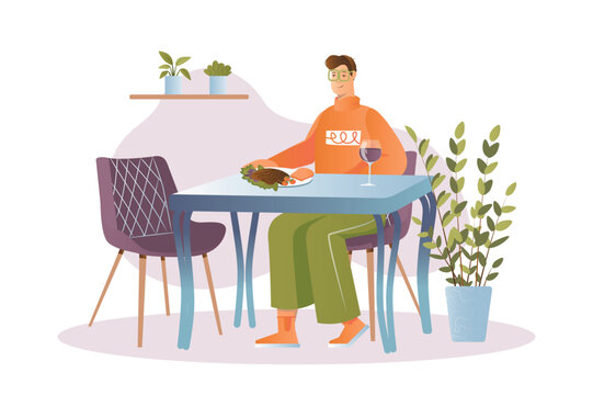 recommend clip art: Restaurant concept with people scene in the flat cartoon design. A man is enjoying a delicious dinner in a restaurant. Vector illustration.