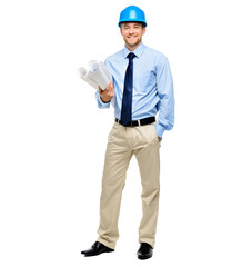 Architecture, blueprint and happy with portrait of man in studio for engineering, designer and building, Graphics, floor plan and construction with male contractor on white background for inspection