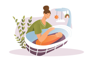 Obraz premium Newborns concept with people scene in the flat cartoon style. A mother is rocking her little son. Vector illustration.