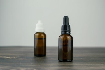 Closeup of CBD oils in brown glass bottles