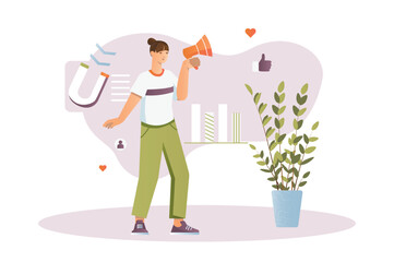 Marketing concept with people scene in the flat cartoon style. The girl studies the details of the marketing business. Vector illustration.