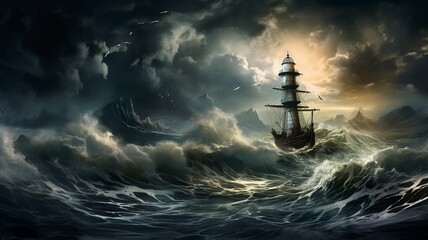 Lighttower beacon in the stormy sea with lightning and thunder in oil painting generative ai