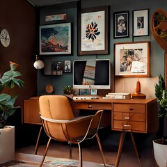 a mid century modern office with a desk 3 monitor set up and a variety of pictures on the wall warm and cozy decor 