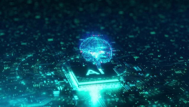 回路基盤と演算装置の上で光るホログラムの頭脳 / 生成AIと機械学習のモーションイメージ / A hologram brain that glows above the circuit board and computing unit. Motion image of generative AI and machine learning. 3D rendered.