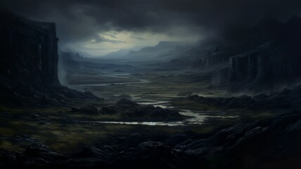 Dark fantasy landscape with stormy weather and forests and castles in prehistoric painting generative ai