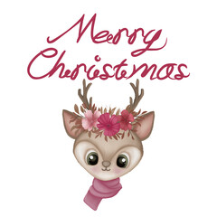 Merry Christmas with cute reindeer with pink flowers.