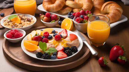 Fototapeta na wymiar breakfast with croissant and coffee, orange juice on table created with Generative AI 
