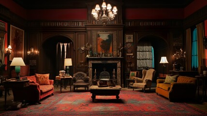 Dark victorian french mansion living room interior with fireplace and pictures generative ai