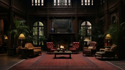 Dark victorian french mansion living room interior with fireplace and pictures generative ai - obrazy, fototapety, plakaty