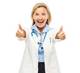 Happy woman, portrait and doctor with thumbs up in success isolated on a white studio background. Female person, medical or healthcare professional with thumb emoji, yes sign or like for approval