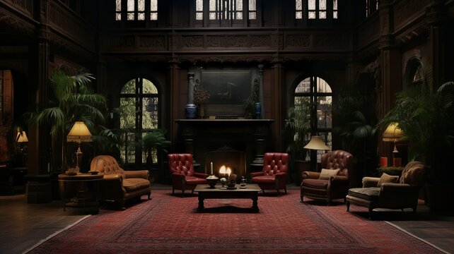 Dark victorian french mansion living room interior with fireplace and pictures generative ai