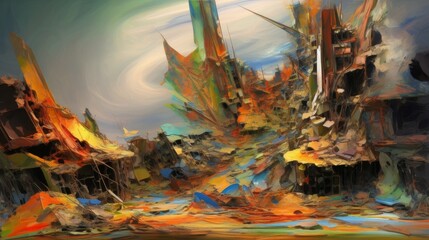 A modern abstract interpretation on earth, which has been mercilessly polluted and depleted by human activity in the world. Total destruction in city. Generative AI
 4