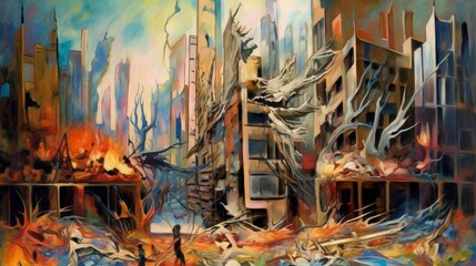 A modern abstract interpretation on earth, which has been mercilessly polluted and depleted by human activity in the world. Total destruction in city. Generative AI
 7