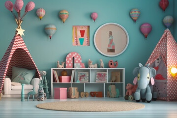 a close-up shot of a kids bedroom with a sweet, cute color and various toys.