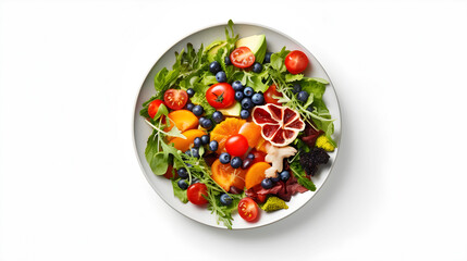 salad with vegetables and cheese on round plate white background created with Generative AI 