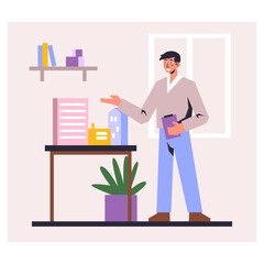 Man standing in room, holding clipboard and makes presentation of residential property. Engineer shows house to customers. House layout concept. Flat vector illustration in purple colors