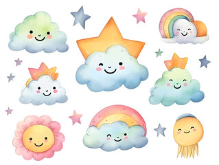 Collection of Cute rainbow clipart with cartoon style watercolor stars and cloud set. Generative AI