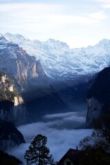 Image of Vertical shot of snowy mountain landscapes in Wengen, Switzerland printed on Printed Glass Splashbacks