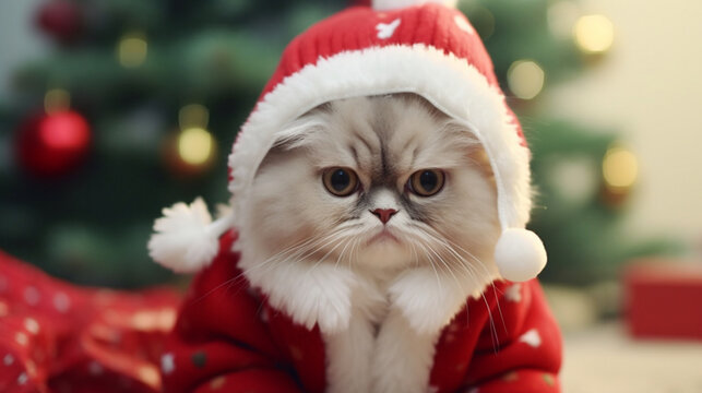 Kittens in Christmas costumes on a festive background. Happy Christmas background. Cute kitten on a Christmas background in a cute costume. AI Generative.
