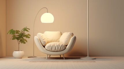 A white armchair adorned with cloth a floor lamp, Generative AI.