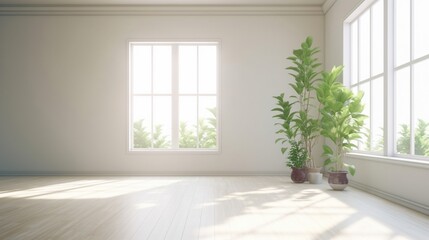 Fototapeta na wymiar A white empty room featuring a plant of natural sunlight, Generative AI.
