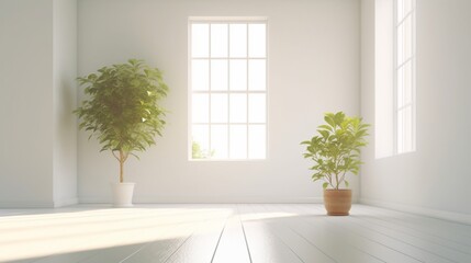 A white empty room featuring a plant of natural sunlight, Generative AI.