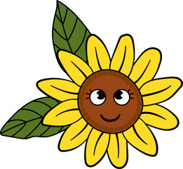 Sunflower with eyes on a white isolated background. Kawaii style.