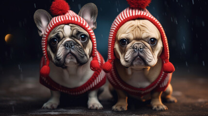 Dog in Christmas costumes on a festive background. Happy Christmas background. Cute Dog on a Christmas background in a cute costume. AI Generative.