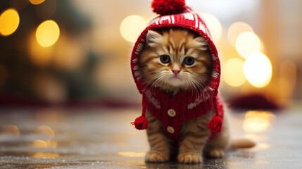 Kittens in Christmas costumes on a festive background. Happy Christmas background. Cute kitten on a Christmas background in a cute costume. AI Generative.