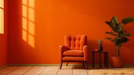 Fototapeta na wymiar An orange room with a chair, table, pampas, and an orange wall background, Generative AI.