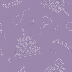 Seamless pattern in the style of line art. A three-tiered cake with a birthday candle, flags, garlands, balloons. Vector illustration.