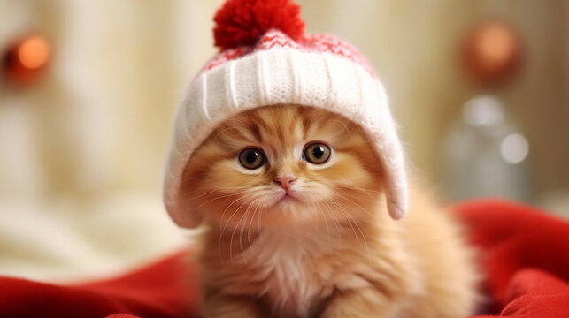 Kittens in Christmas costumes on a festive background. Happy Christmas background. Cute kitten on a Christmas background in a cute costume. AI Generative.