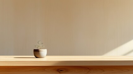 simple minimalist wood vase pot for plant, warm colour tone copy space generative ai
