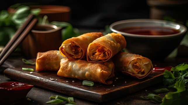 Eggrolls on wood plate with blurred background