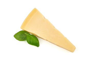 Piece of Parmesan cheese on white background.