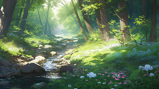 landscape countryside cartoon scene background. stream leading to inside deep forest on sunny day. generative AI