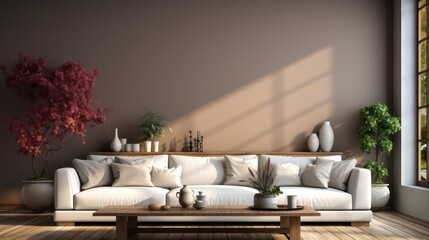 Modern interior design of living room with white sofa, coffee table, soft stucco wall. Created with generative AI.
