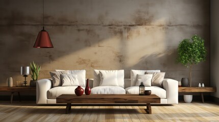 Fototapeta na wymiar Modern interior design of living room with white sofa, coffee table, soft stucco wall. Created with generative AI.
