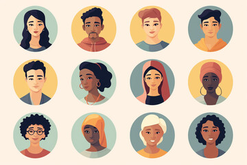 Twelve individual characters laid out and isolated on a light background, mixed races and genders, diversity