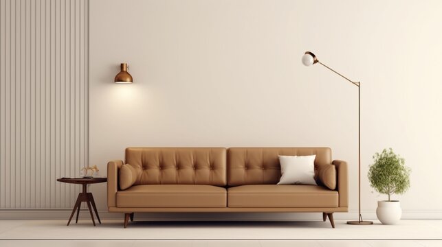 Brown sofa and a clean white wall in a modern living room, Generative AI.