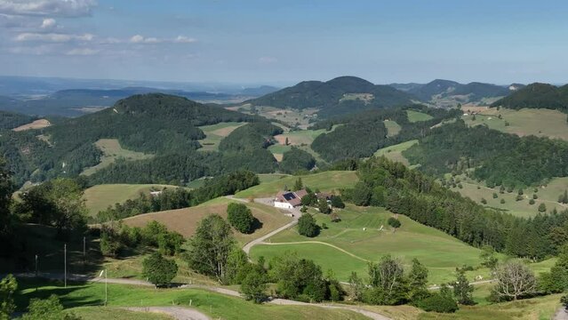 Flight over the Chilchzimmersattel, behind Restaurant Berghaus Oberboelchen, Baselland, Switzerland, Europe
