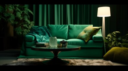 Fototapeta na wymiar Green sofa with comfortable pillows and a matching table, Generative AI.
