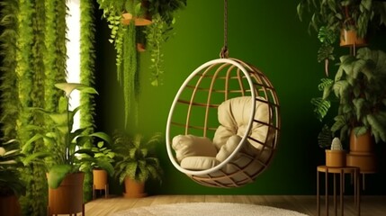 Green wall adorned with a hanging chair, Generative AI.